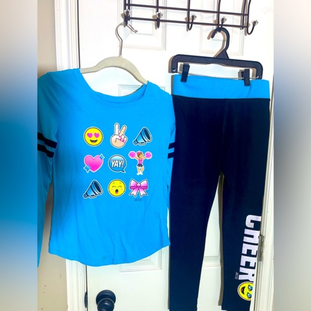Justice girls size 12 cheer set, long sleeve shirt with leggings like new